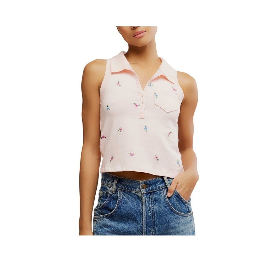 Free People Pink Floral Embroidered‎ Sleeveless Polo Crop Top Medium